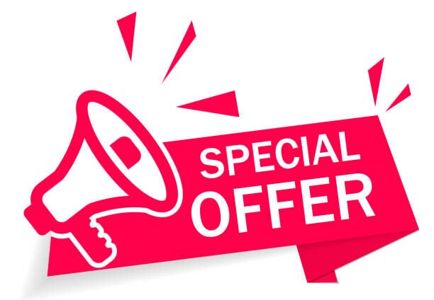 Red banner special offer with megaphone on white background. Ribbon of discount and sale. Modern advertising and promotion in store. Info of Special discount. Retail offer with low price goods. Vector